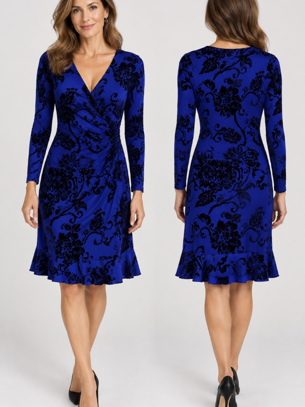 Joseph Ribkoff Blue Black Velvet Ruched Stretchy L/S Dress Sz US 14